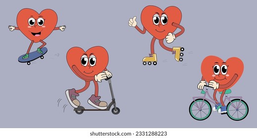 A set of summer retro patches, badges, stamps or stickers with abstract funny cute hearts practicing different sports