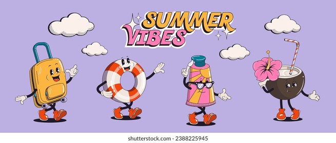 Set of summer retro posters or cards with walking funny cute comic characters. Lettering illustration for t-shirt print. Suitcase, ice cream, cocktail, spf cream, watermelon, pool float, surf