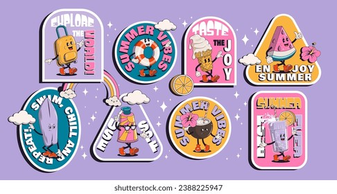 Set of summer retro posters or cards with walking funny cute comic characters. Lettering illustration for t-shirt print. Suitcase, ice cream, cocktail, spf cream, watermelon, pool float, surf