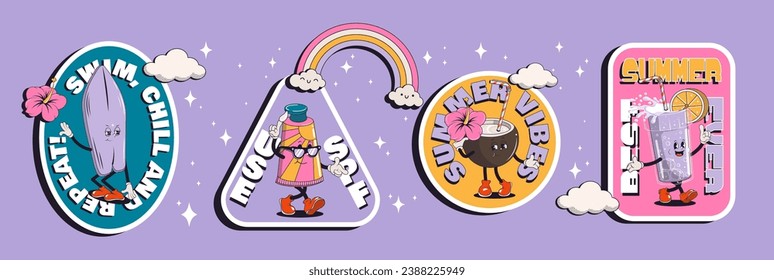 Set of summer retro posters or cards with walking funny cute comic characters. Lettering illustration for t-shirt print. Suitcase, ice cream, cocktail, spf cream, watermelon, pool float, surf