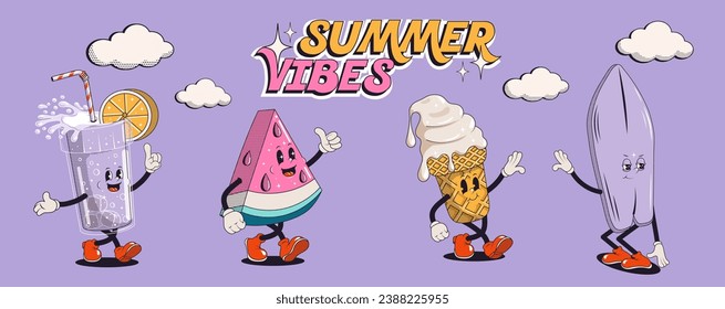 Set of summer retro posters or cards with walking funny cute comic characters. Lettering illustration for t-shirt print. Suitcase, ice cream, cocktail, spf cream, watermelon, pool float, surf