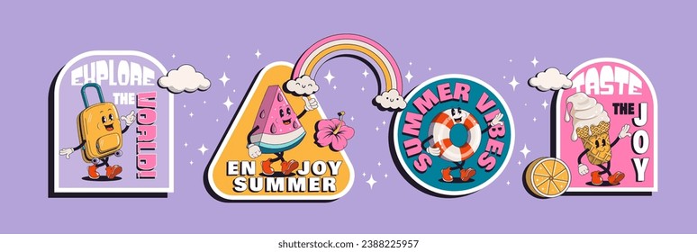 Set of summer retro posters or cards with walking funny cute comic characters. Lettering illustration for t-shirt print. Suitcase, ice cream, cocktail, spf cream, watermelon, pool float, surf