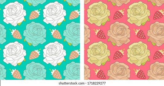 Set of summer roses and strawberries, vector seamless patterns