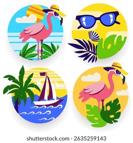 Conjunto de etiquetas de color redondas de verano Emblemas Elementos de diseño Viajes de vacaciones de verano