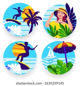 set of summer round color labels emblems design elements summer vacation travel
