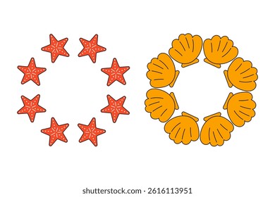 Set of summer round frames. Shell and star wreath.