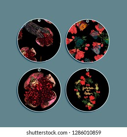Set of summer round gift tags with pomegranate fruit, flowers and hand drawn lettering. Summer is here. Paper labels. Flat design. Vector illustration.