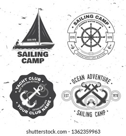 Set of summer sailing camp badge. Vector illustration. Concept for shirt, print, stamp or tee. Vintage typography design with black sea anchors and rope knot silhouette. Best Sporting Activity