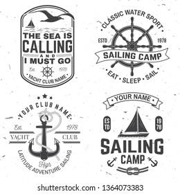 Set of summer sailing camp badge. Vector. Concept for shirt, print, stamp or tee. Vintage typography design with black sea anchors, hand wheel and rope knot silhouette. Best Sporting Activity