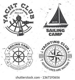 Set of summer sailing camp badge. Vector. Concept for shirt, print, stamp or tee. Vintage typography design with black sea anchors, hand wheel, compass and sextant silhouette. Best Sporting Activity