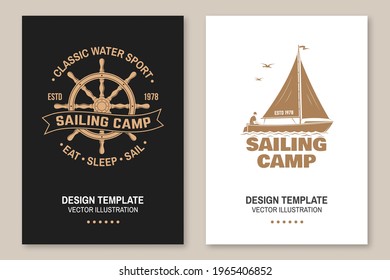 Set of summer sailing camp template. Vector illustration Flyer, brochure, banner, poster design with man in sailboats and steering hand wheel ship silhouette. Ocean adventure sporting activity