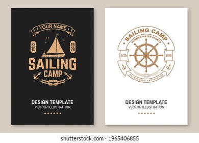 Set of summer sailing camp template. Vector illustration Flyer, brochure, banner, poster design with man in sailboats and steering hand wheel ship silhouette. Ocean adventure sporting activity