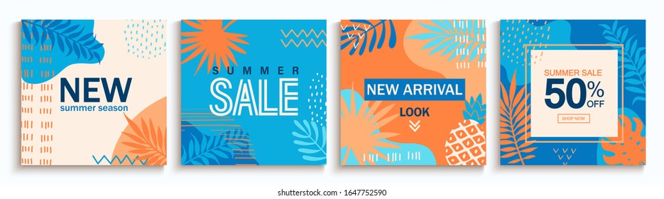 Set of summer sale abstract cards, backgrounds with geometric shapes. Template design for flyer, new season banner, poster, new arrivals.Promote up to 50 per cent price off in shops, stores, retails.