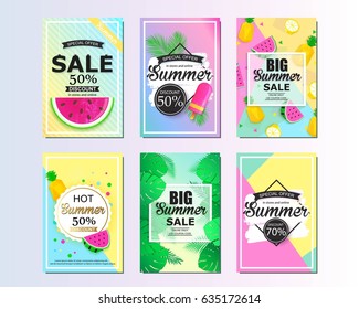 Set of summer sale background design for banner, flyer, wallpaper. Promotional discount shop materials, poster, brochure, voucher discount.