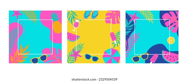 Set of summer sale background with square frame. Abstract shapes, tropical leaves fruits and drink, sunglasses, ice cream vector illustration. Online shoping banner, flyer, social media template