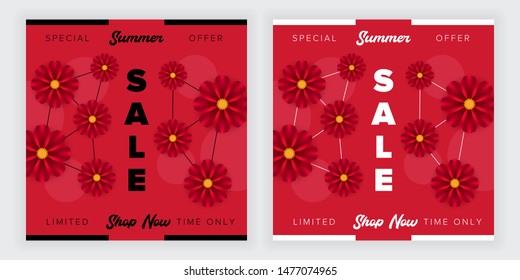 Set of summer sale banner design with floral background, flyer, poster, brochure, card or website. Modern art. Vector Illustration