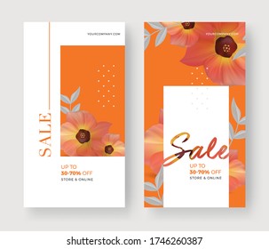 Set Of Summer Sale Banner With Flower And Leaf Background. Vertical Template Layout. For Online Shopping, Cosmetic. Orange Color. Moblie App.  Vector Illsutration.