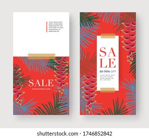 Set of Summer Sale banner with Flower Red of paradise on red background. Vertical template layout. For online shopping, cosmetic. Tropical Palm and Coconut Green Leaf. Vector illsutration.