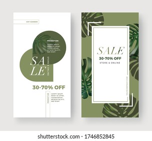 Set of Summer Sale banner with flower and leaf background. Vertical template layout. For online shopping, cosmetic. Tropical Monstera Green Leaf. Vector illsutration.