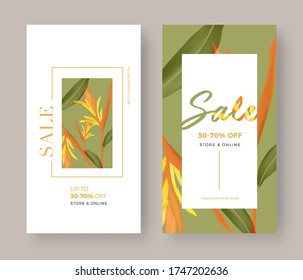 Banner de Summer Sale con fondo de flores y hojas. Diseño de plantilla vertical. Para compras en línea, cosmética. color verde. Aplicación móvil, ilustración vectorial.