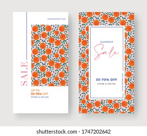 Set of Summer Sale banner with flower and leaf background. Vertical template layout. For online shopping, cosmetic. Orange Color. Mobile App, Vector illustration.