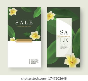 Set of Summer Sale banner with flower and leaf background. Vertical template layout. For online shopping, cosmetic. Frangipani Green Color. Mobile App, Vector illustration.