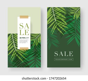 Banner de Summer Sale con fondo de flores y hojas. Diseño de plantilla vertical. Para compras en línea, cosmética. Color verde palmar de coco. Aplicación móvil, ilustración vectorial.