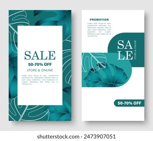 Set of Summer Sale banner with monstera leaves background. Vertical template layout. For online shopping, cosmetic. Green Color. Mobile App, Vector illustration.