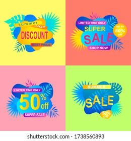 Set summer sale banner, poster with discount for hot season banner with tropical leaves. Invitation for shopping with 50 percent price off, special offer card,template for design.