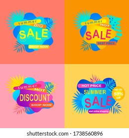 Set summer sale banner, poster with discount for hot season banner with tropical leaves. Invitation for shopping with 50 percent price off, special offer card,template for design.