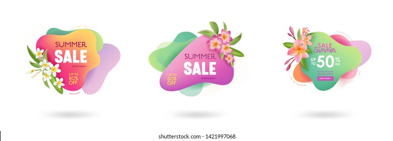 Set of Summer sale banner template. Liquid abstract bubble with tropic flowers, flamingo. Tropical background and backdrop, Promo badge for seasonal offer, promotion, advertising. Vector illustration