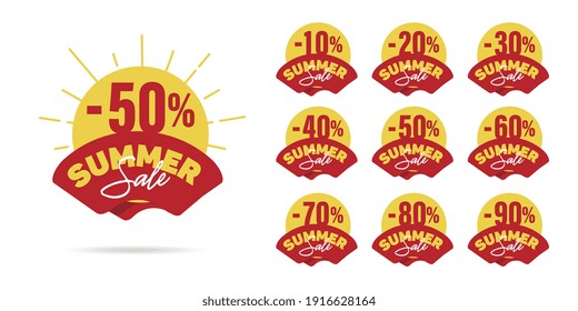 Set of Summer sale banner template. Promo badge for seasonal offer, promotion, advertising. Vector illustration sun percent