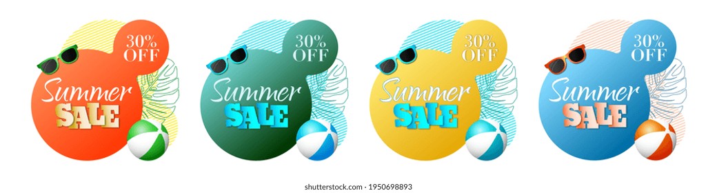 Set of Summer sale banner template. Liquid abstract geometric bubble with tropic leaves, sunglasses and beach ball