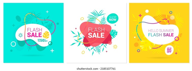 Set of Summer sale banner template. Liquid abstract geometric bubble with tropic flowers, Tropical background and backdrop, Promo badge for seasonal offer, promotion, advertising. Vector illustration