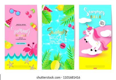 Set of summer sale banner templates with paper elements. Vector illustrations for website and mobile website banners, posters, email and newsletter designs, ads, coupons, promotional material
