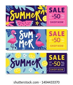 Set of summer sale banner templates for mobile and social media. Handwritten text with tropical elements for product promotion.