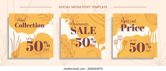 Set of summer sale banner templates. Vector illustration with hand drawn tropical leaves. Suitable for social media template, posts, stories, mobile apps, digital promotions, web and internet ads