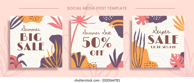 Set of summer sale banner templates. Vector illustration with hand drawn tropical leaves. Suitable for social media template, posts, stories, mobile apps, digital promotions, web and internet ads