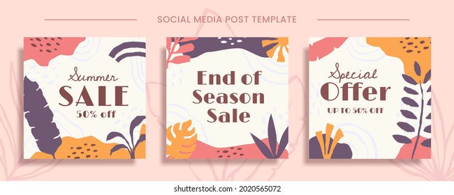 Set of summer sale banner templates. Vector illustration with hand drawn tropical leaves. Suitable for social media template, posts, stories, mobile apps, digital promotions, web and internet ads