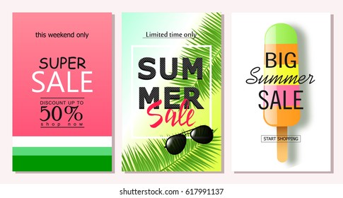 Set of summer sale banner templates. Vector illustrations for website and mobile website banners, posters, email and newsletter designs, ads, coupons, promotional material