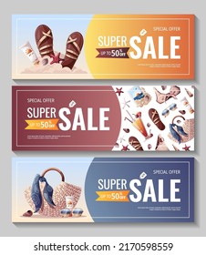 Set of summer sale banners with beach bag, bikini, cocktail, seashells, sunglasses, sandals. Vector Illustration. Banner, flyer, poster, advertising.