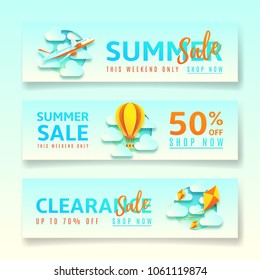 Set of summer sale banners. Beautiful templates with clouds, plane, air balloon and kites in paper art style. Vector illustration. Concept of seasonal promo offer.