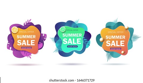 Set Summer Sale Banners. Set Bright Summer Cards With Tropical Summer Leaves, Pineapple And Slippers. Fun Quote Design Summer Logo Or Label. Vector Illustration.