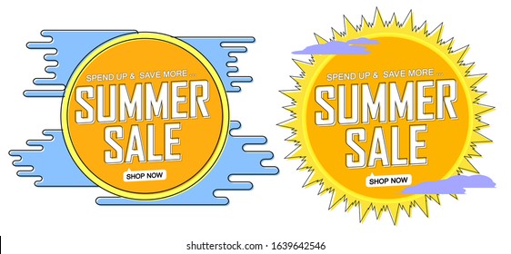 Set Summer Sale banners, discount tags design template, spend up and save more, vector illustration