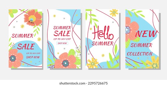 Set summer sale banners. Summer flowers and abstract shape on white background.