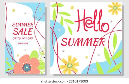 Set summer sale banners. Summer flowers and abstract shape on white background. Design for social network, advertising.