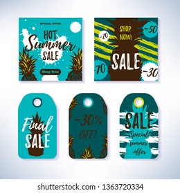 Set of Summer sale banners and labels with drawn elements. Vector illustration