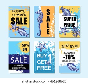Set of summer sale banners, posters, flyers. Sea style discount backgrounds.