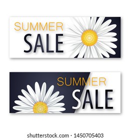 Set of summer sale banners with realistic flowers. Vector illustration