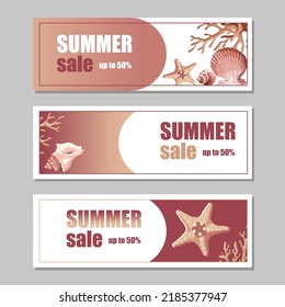 set of summer sale banners with shells, coral and sea star. Vector illustration for banner, poster, special offer, advertising, flyer, commercial.